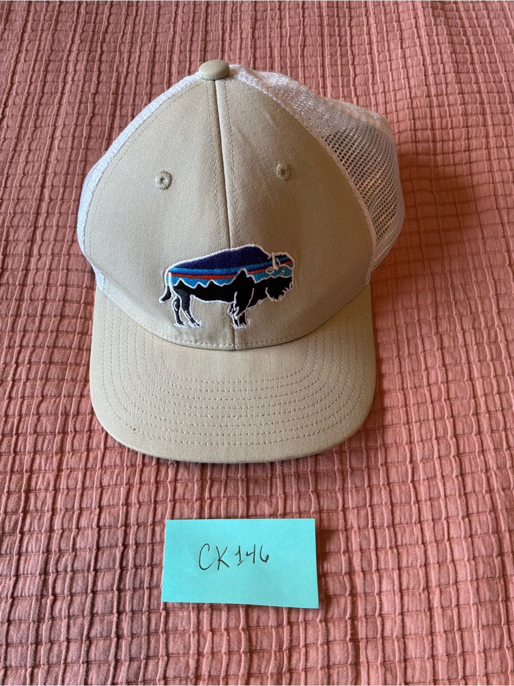 Tan Mesh-Back Trucker Hat with Embroidered Buffalo Patch